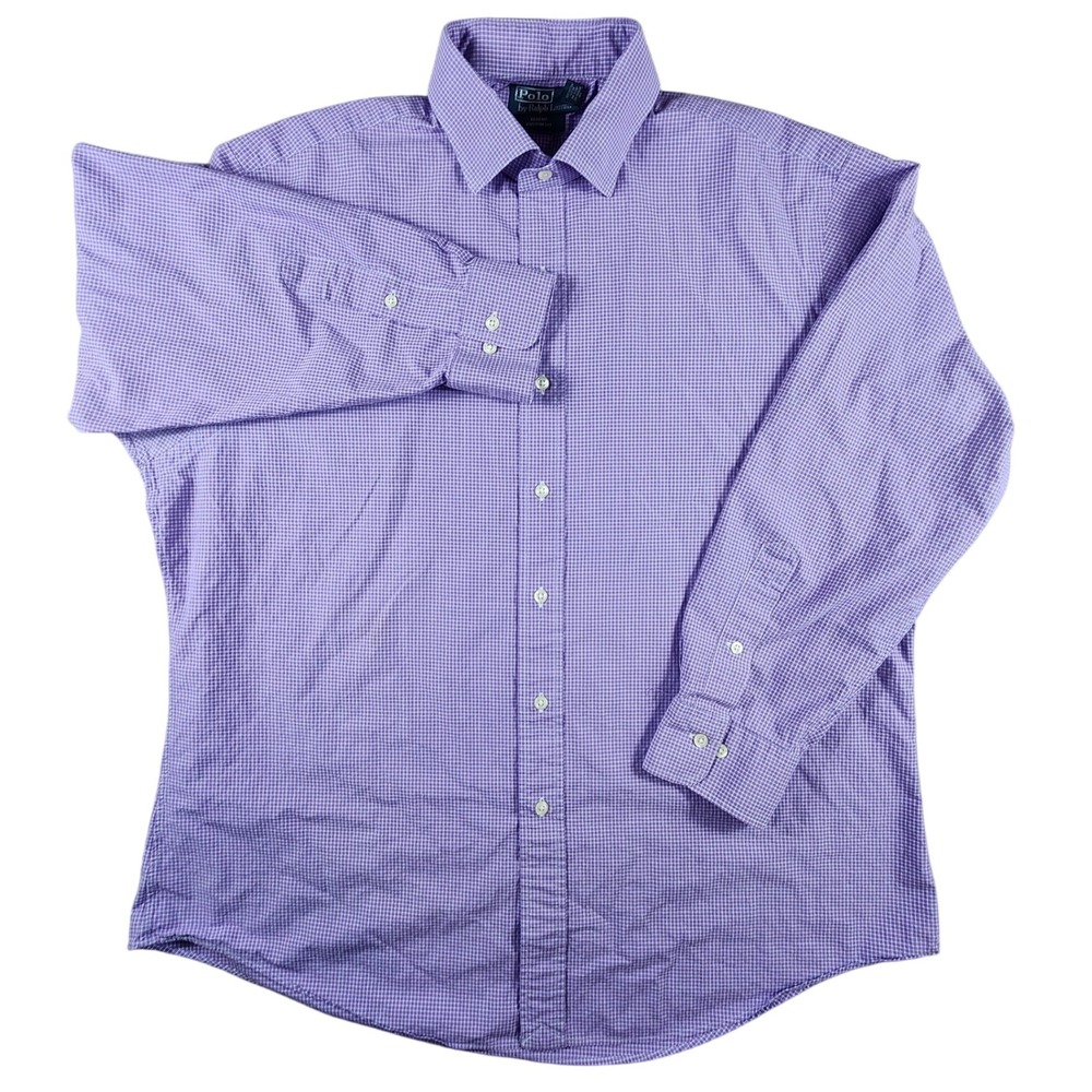 Polo Ralph Lauren Mens Regent Dress Shirt Purple Checkered Button Up 17.5 32/33
